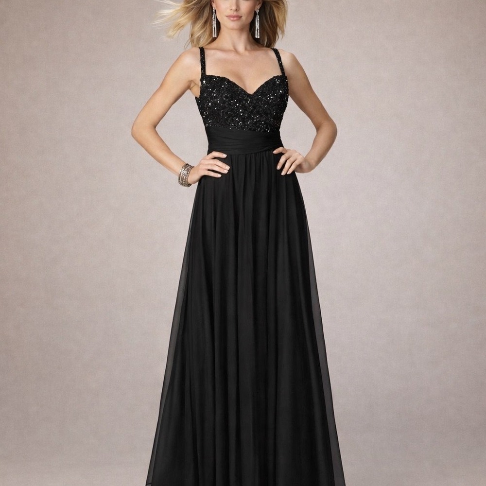 La Femme Gown Women 8 Black Sequin Beaded Chiffon Formal Dress Prom Gala Glam